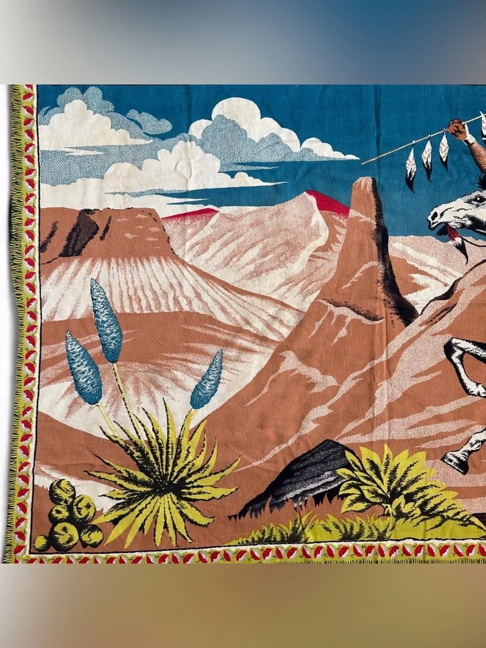 Vintage Southwestern Native American Horse Rider Woven Tapestry Wall Hanging